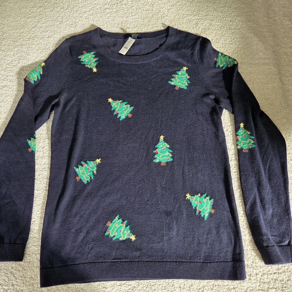 Talbots Knit Novelty Sweater Tossed Trees Sz XS Navy Christmas Lightweight